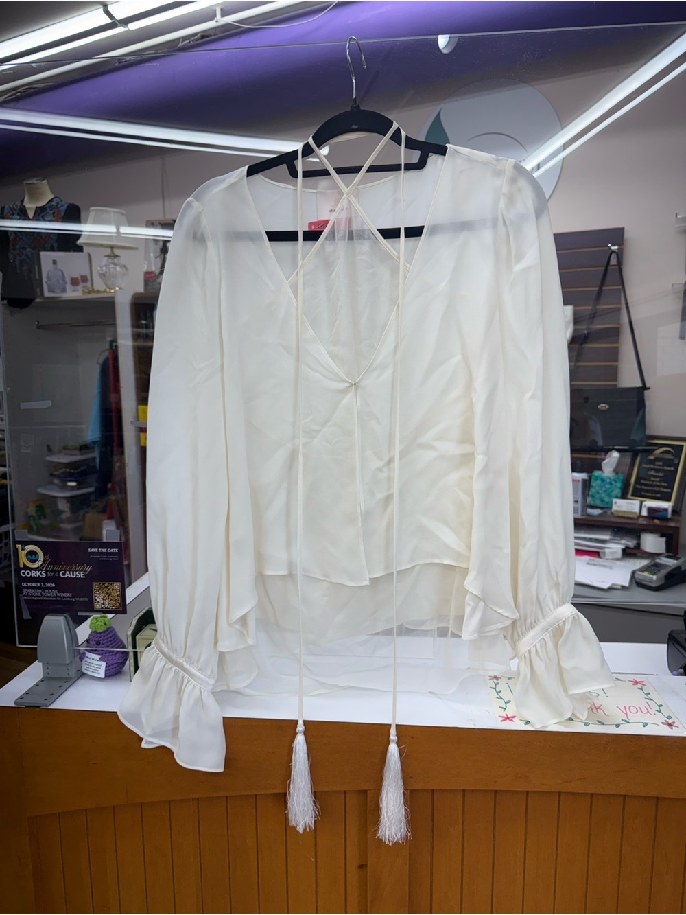 cinq a sept Cream V-Neck Tie-Front Sheer Blouse - as is